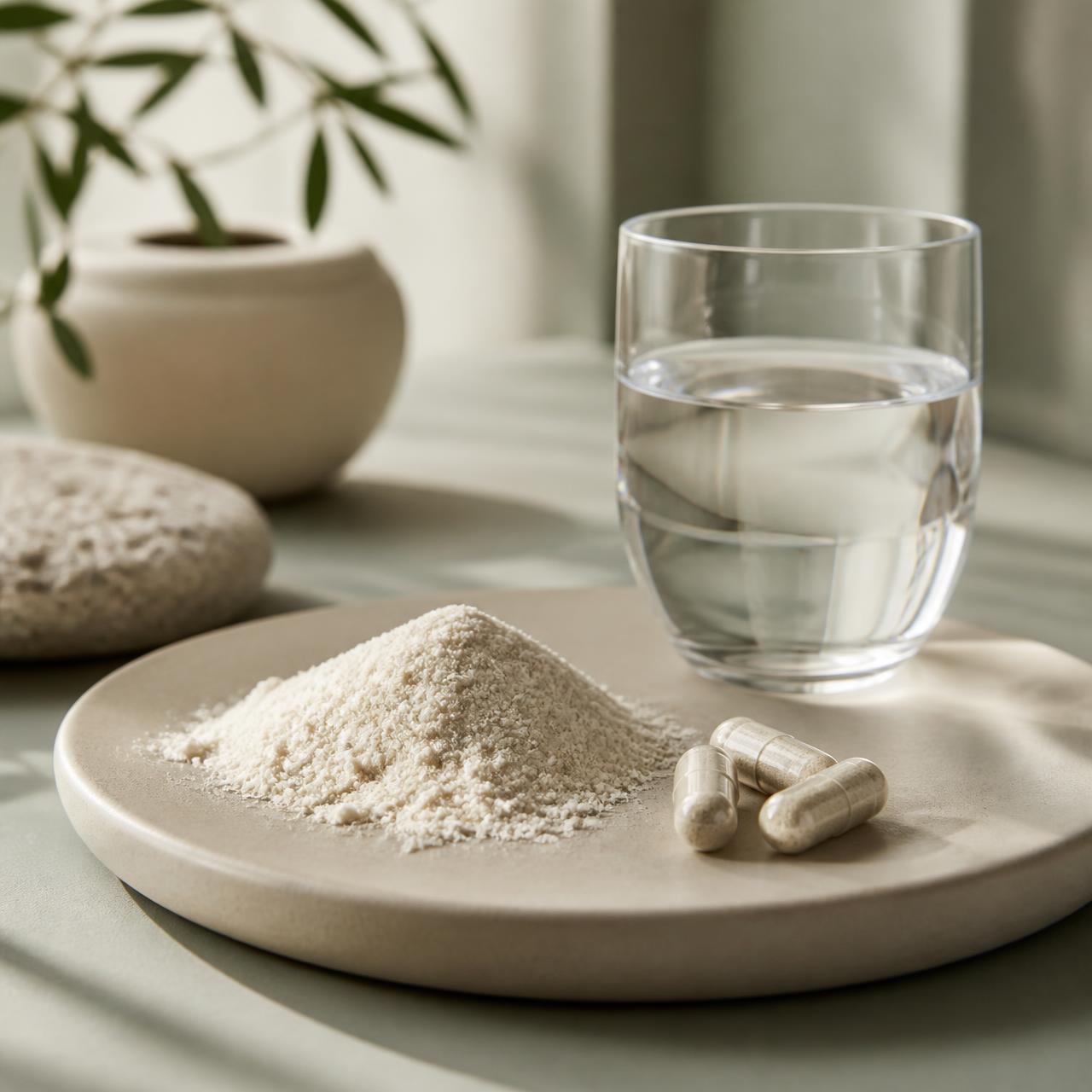 Tägliche NEA1-Nutritionsroutine — feines Pulver, Kapseln und ein Glas Wasser